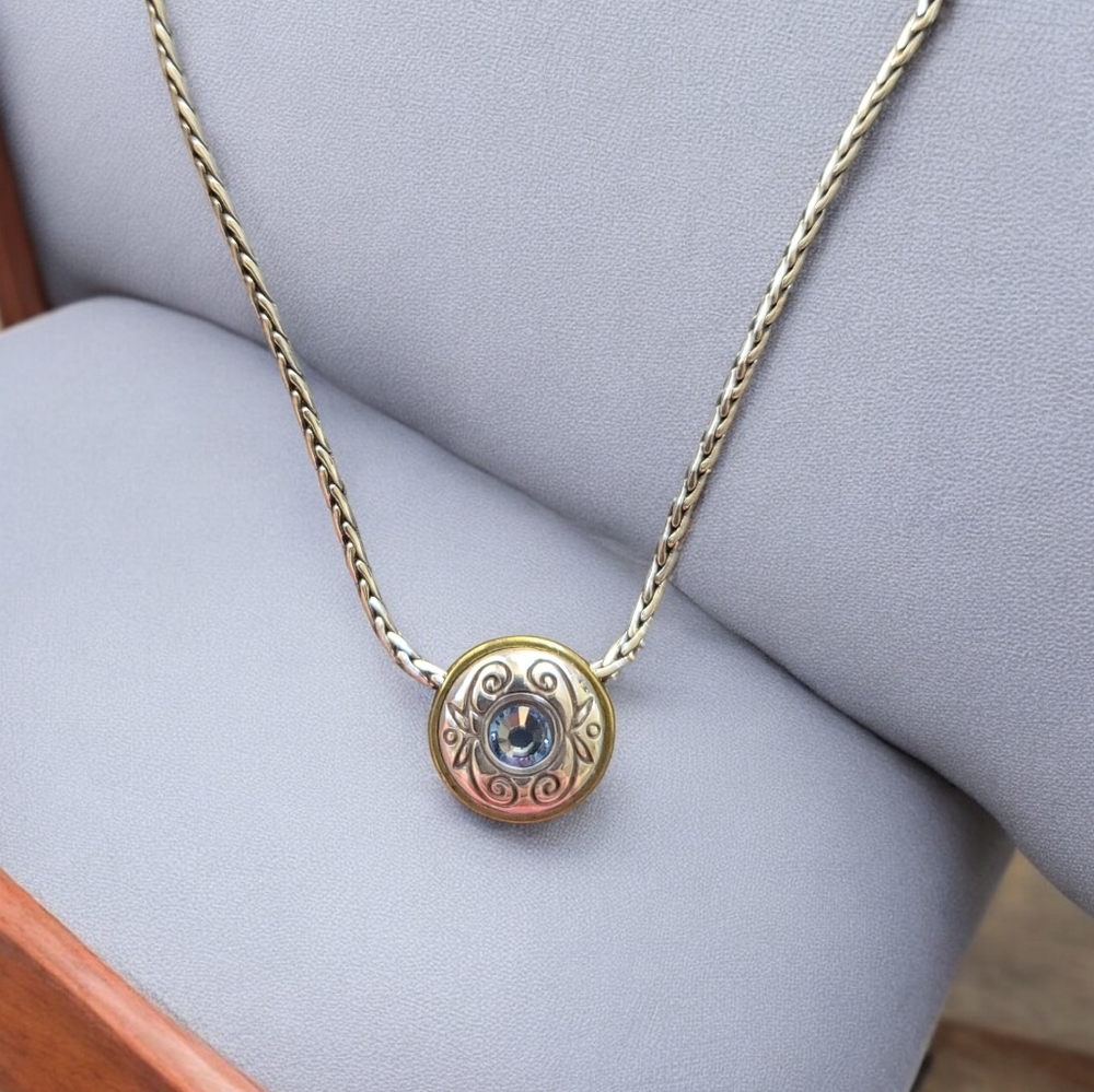 BRIGHTON Blue Crystal Round Decorative Bezel Slide Necklace 17"-18.75" L